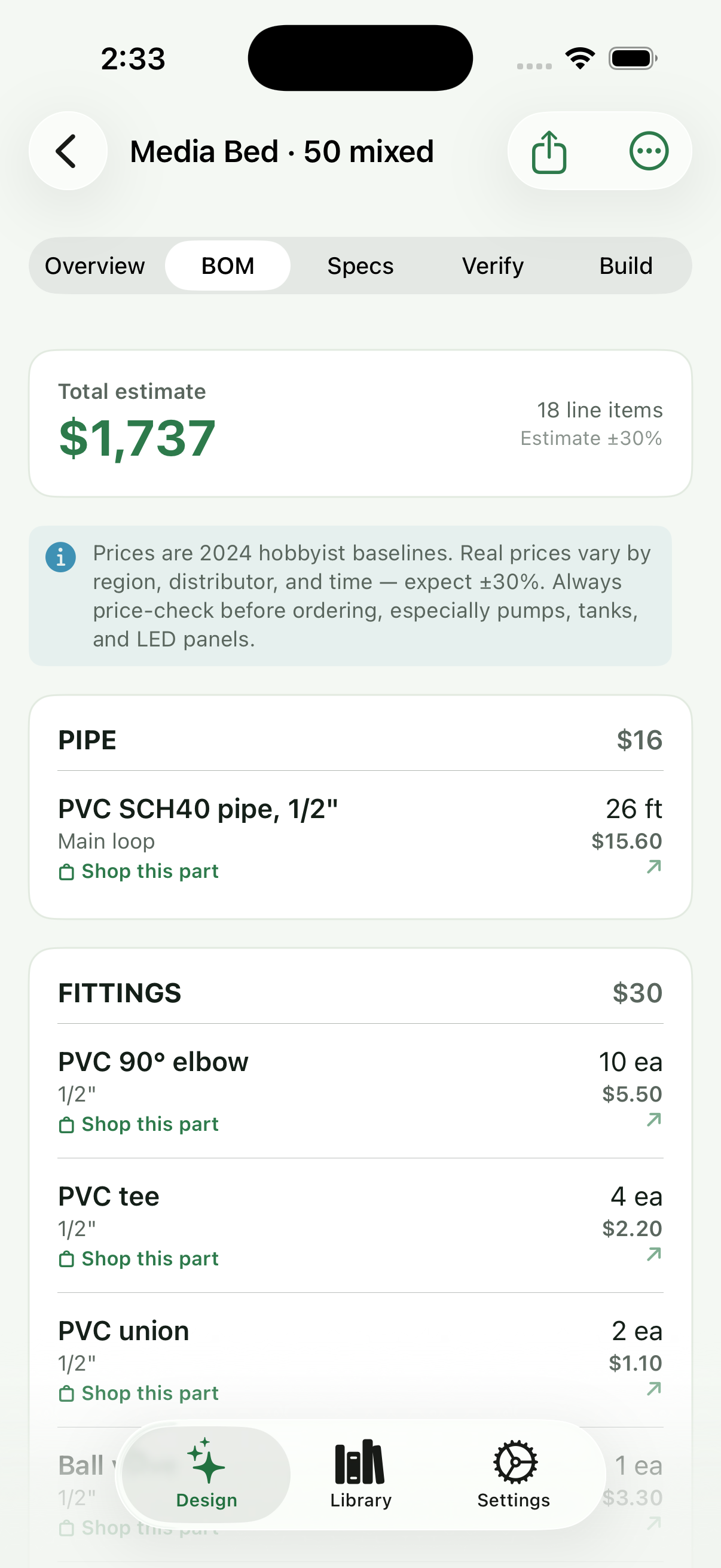 Bill of materials with costs